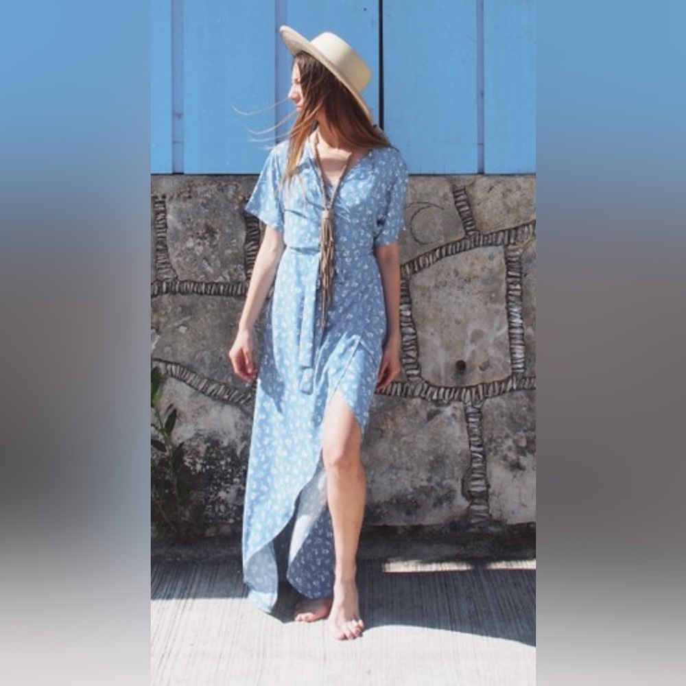 Chic Blue Floral High Low Wrap Dress